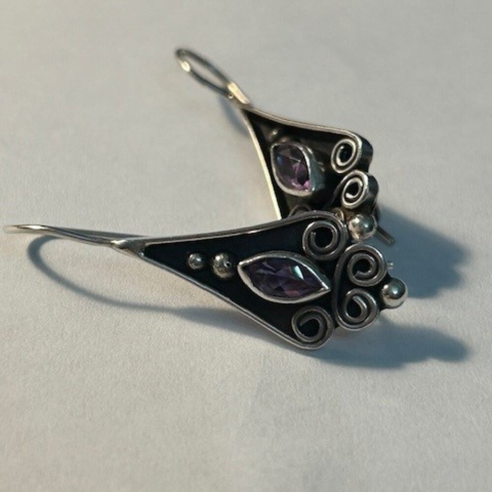 Vintage Bali Style Sterling Silver Amethyst Earrings